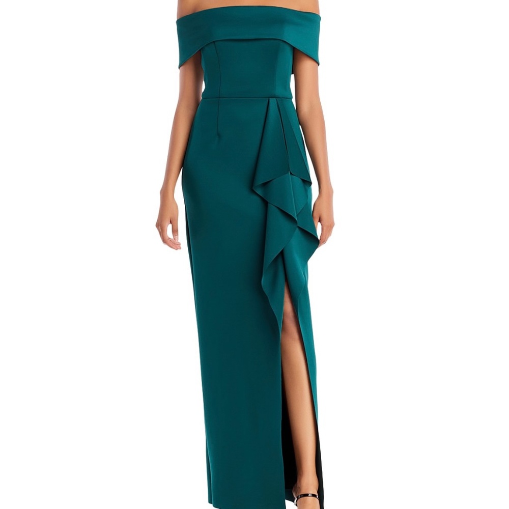 Aqua Off the Shoulder Cascade Gown